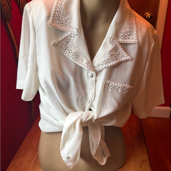 Vintage Tops - Vintage Elegant White Beaded Embroidered Women's Blouse